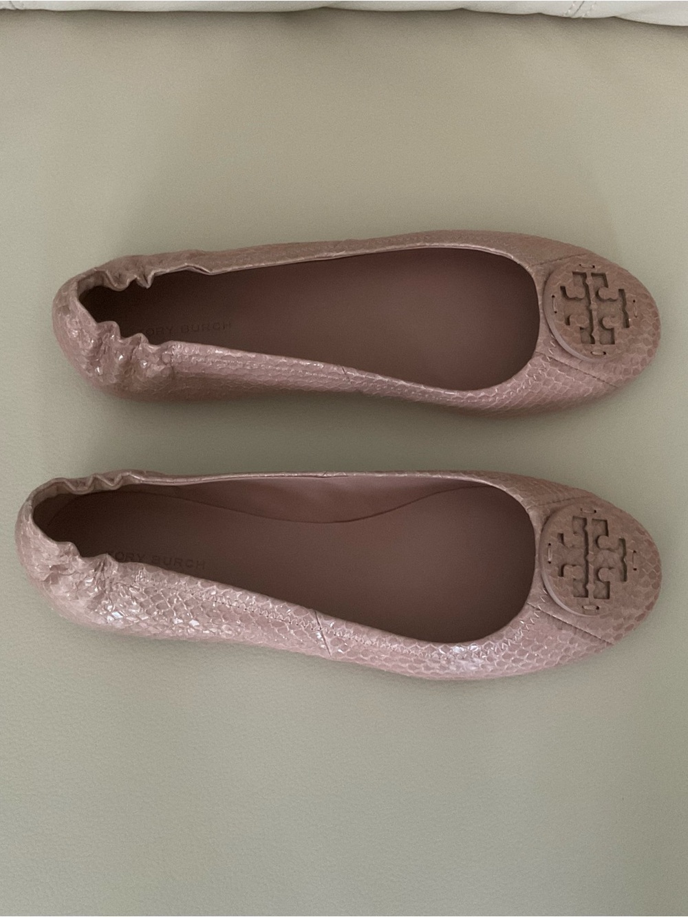 Tory Burch Snake-Embossed Logo Ballet Flats